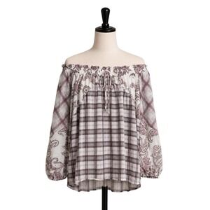 LOFT Womens Small Plaid Paisley Mixed Print‎ Off the Shoulder Blouse Pink Gray